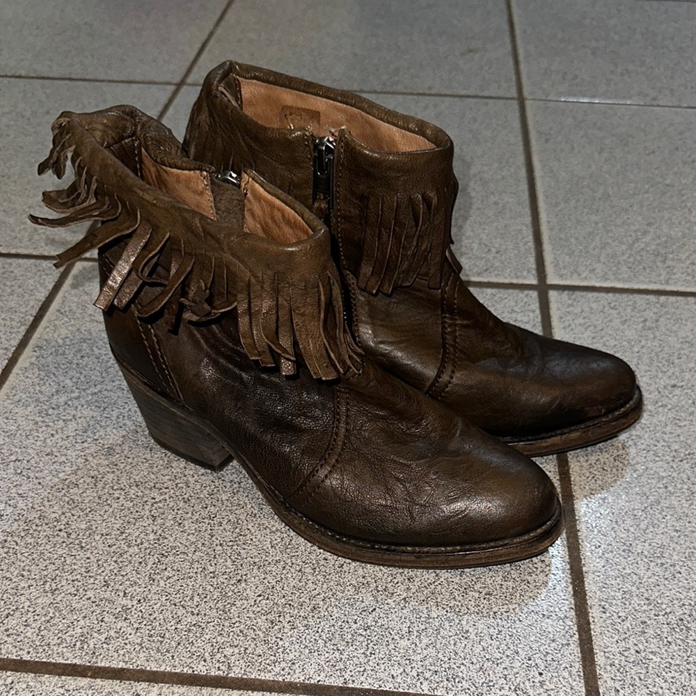 AllSaints Fringe Leather Ankle Boots – Brown Western Style – Size EU 38 / US 7.5